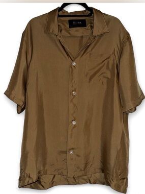 Hugo Boss tan gold silk short-sleeved button down shirt
